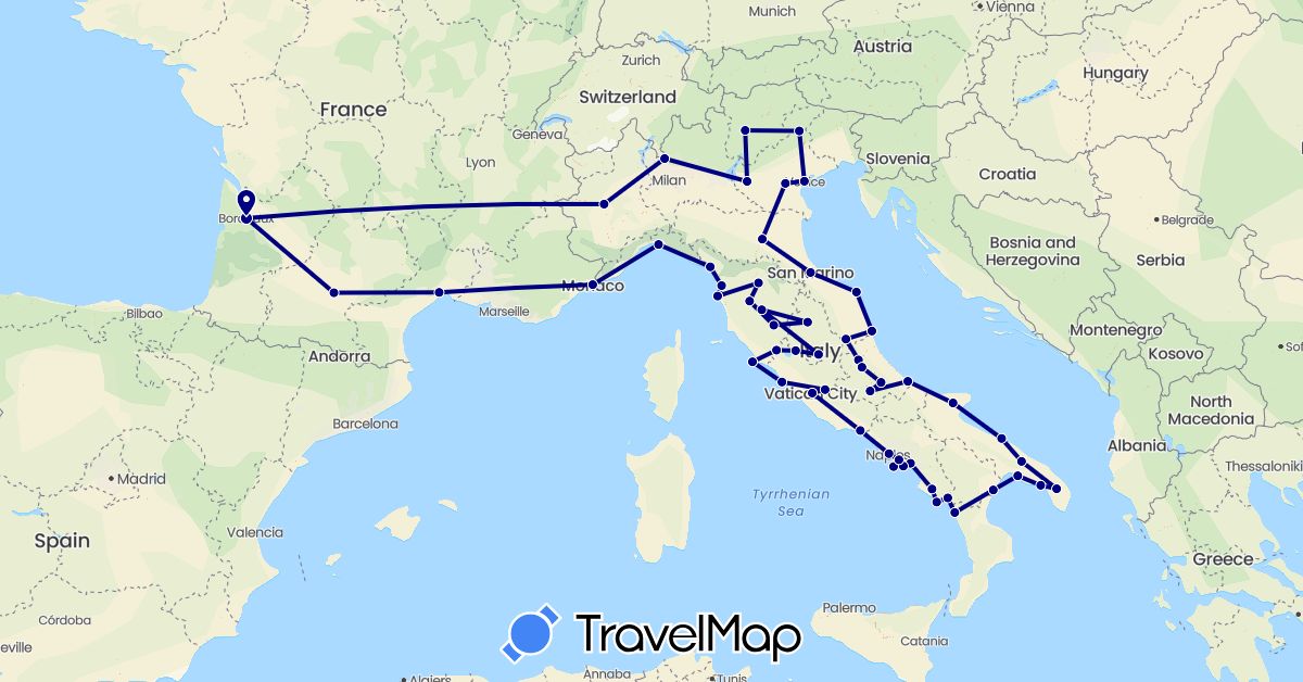 TravelMap itinerary: driving in France, Italy, Monaco, San Marino (Europe)
